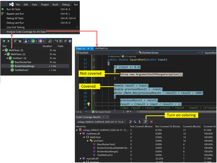 Screenshot che mostra i risultati del code coverage con colorazione.