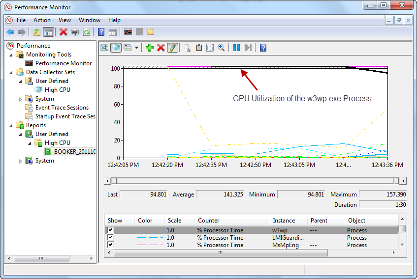 Screenshot che mostra la finestra Monitor prestazioni. Perfmon mostra l'utilizzo C P U del file eseguibile w 3 w p.