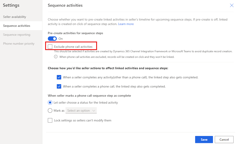 Screenshot che mostra la casella di controllo Escludi attività di chiamata telefonica nella pagina Attività sequenza delle impostazioni dell'acceleratore vendite.