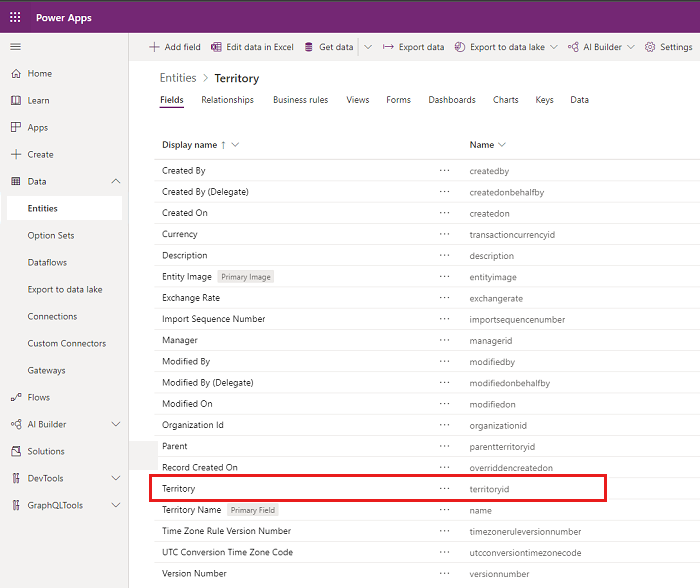 Selezionare l'entità territory in Power Apps.