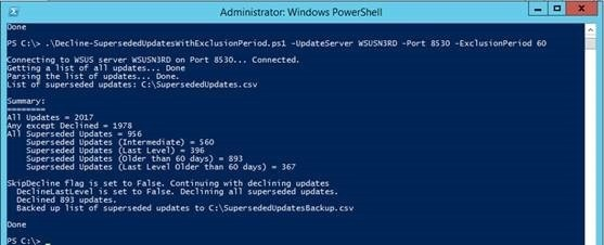 Screenshot della finestra Windows PowerShell con ExclusionPeriod 60 in esecuzione.