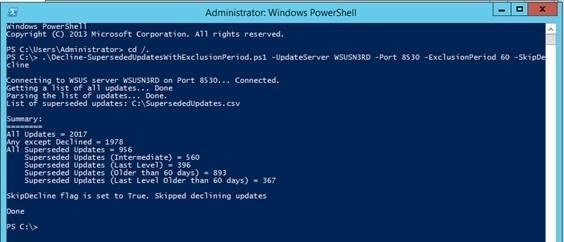 Finestra di Windows PowerShell in cui è in esecuzione lo script con –SkipDecline ed –ExclusionPeriod 60