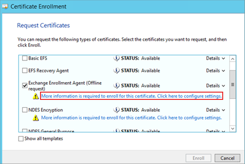 Screenshot della pagina Richiedi certificato, in cui è selezionato Exchange Enrollment Agent (richiesta offline).