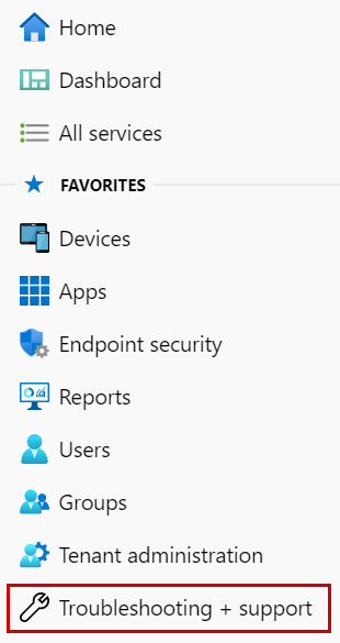 Nell'interfaccia di amministrazione di Endpoint Management e in Intune passare a Risoluzione dei problemi e supporto tecnico.