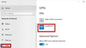 Screenshot che mostra il profilo VPN in Rete e Internet.