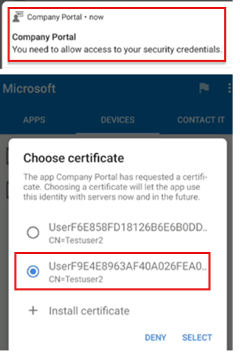 Screenshot di un esempio di notifica dell'app Portale aziendale in Android per installare il profilo certificato SCEP.