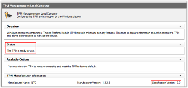 Screenshot di esempio di uno stato TPM 2.0 integro nella console Trusted Platform Module.