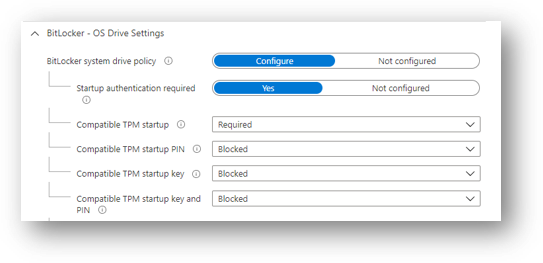 Impostazioni unità del sistema operativo BitLocker che mostra l'avvio TPM compatibile impostato su Obbligatorio.