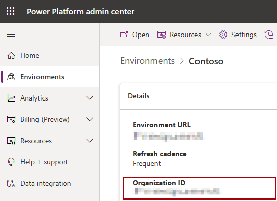 Screenshot che mostra l'ID organizzazione che è possibile trovare nell'ambiente nell'interfaccia di amministrazione di Power Platform.