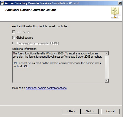 Screenshot della finestra Installazione guidata Servizi di dominio Active Directory con la casella di controllo Server DNS e Controller di dominio di sola lettura disattivata.