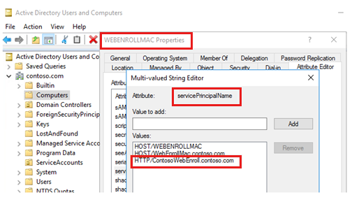 Aggiungere un S P N all'account computer server front-end.