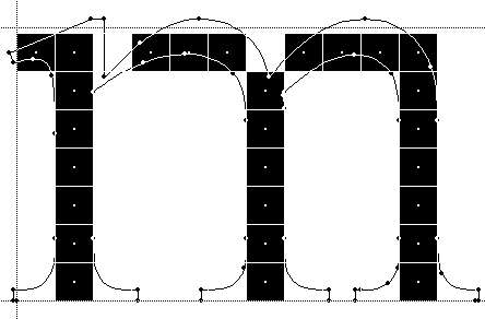 Screenshot showing the outlined letter m filled with solid blocks insufficiently filling in the letter.