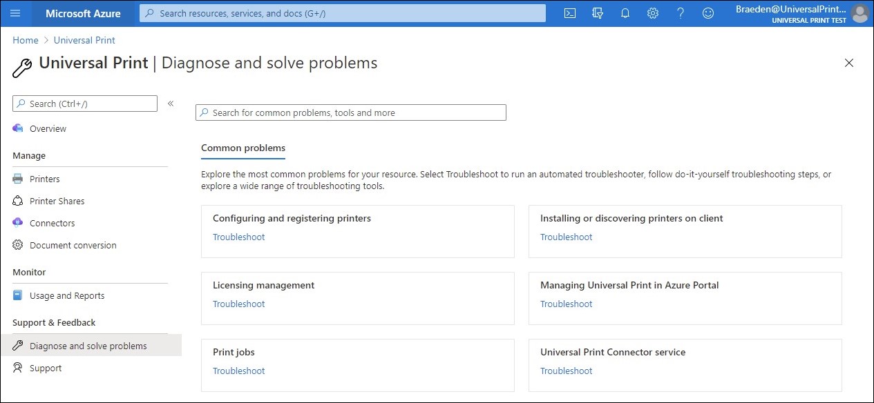 Screenshot del portale di amministrazione che mostra una nuova pagina Diagnostica e risoluzione dei problemi.