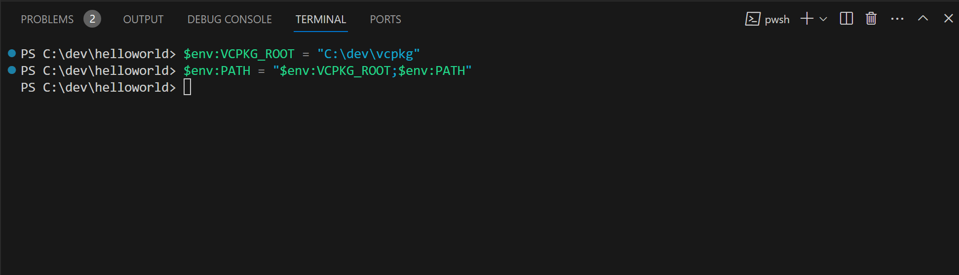 configurazione delle variabili di ambiente vcpkg