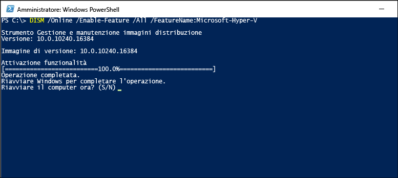 Finestra della console che mostra Hyper-V abilitato.