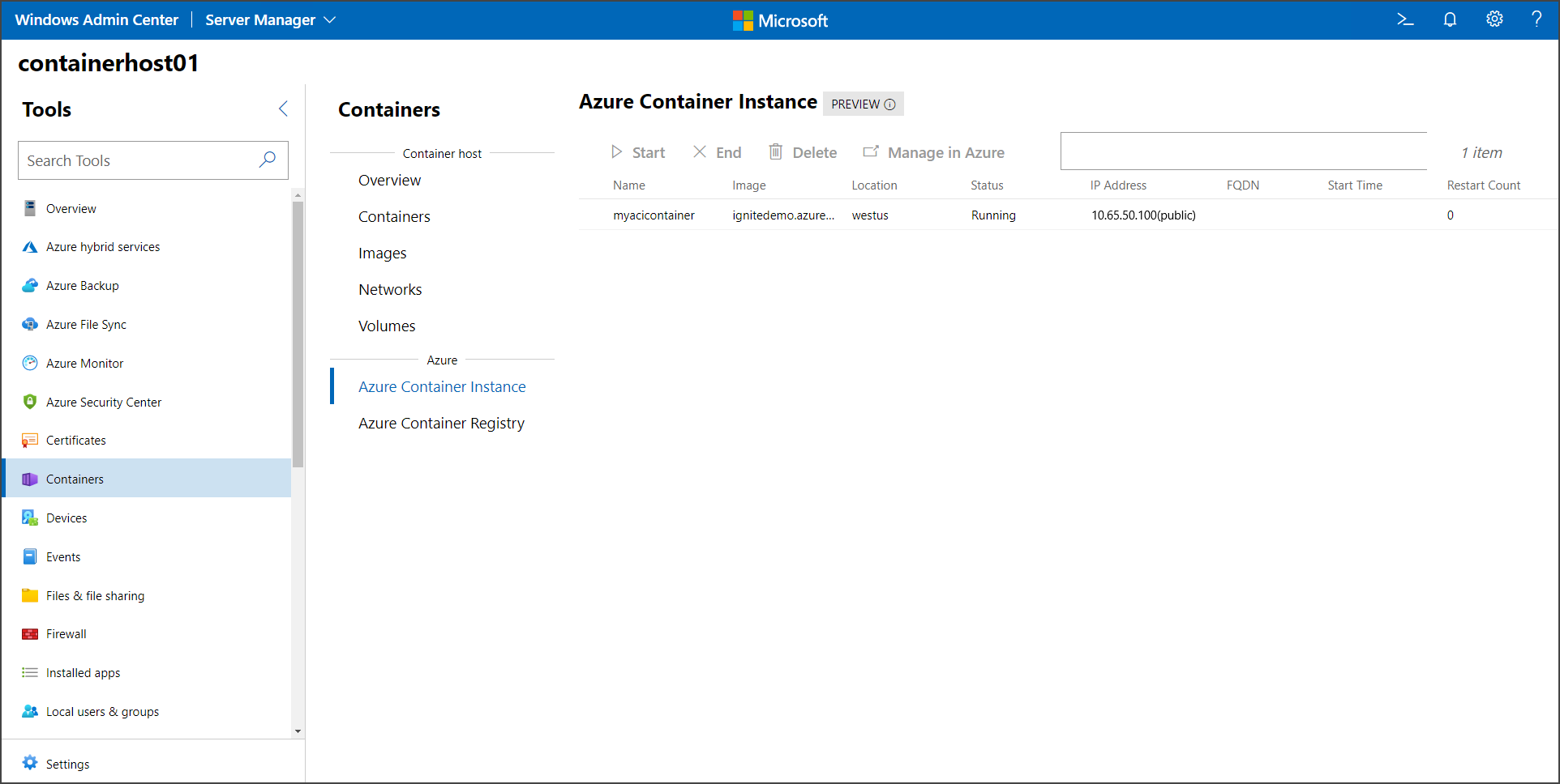 Istanza del contenitore di Azure