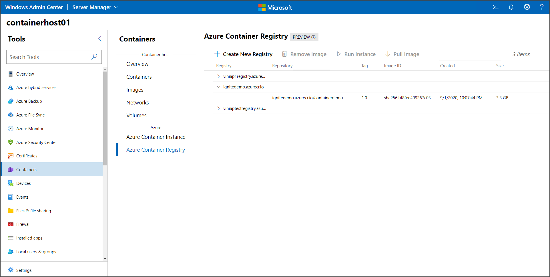 scheda Registro Azure Container