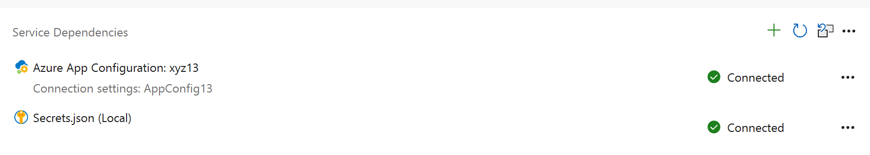 Screenshot della sezione Dipendenze del servizio che mostra app Azure connessione di configurazione.