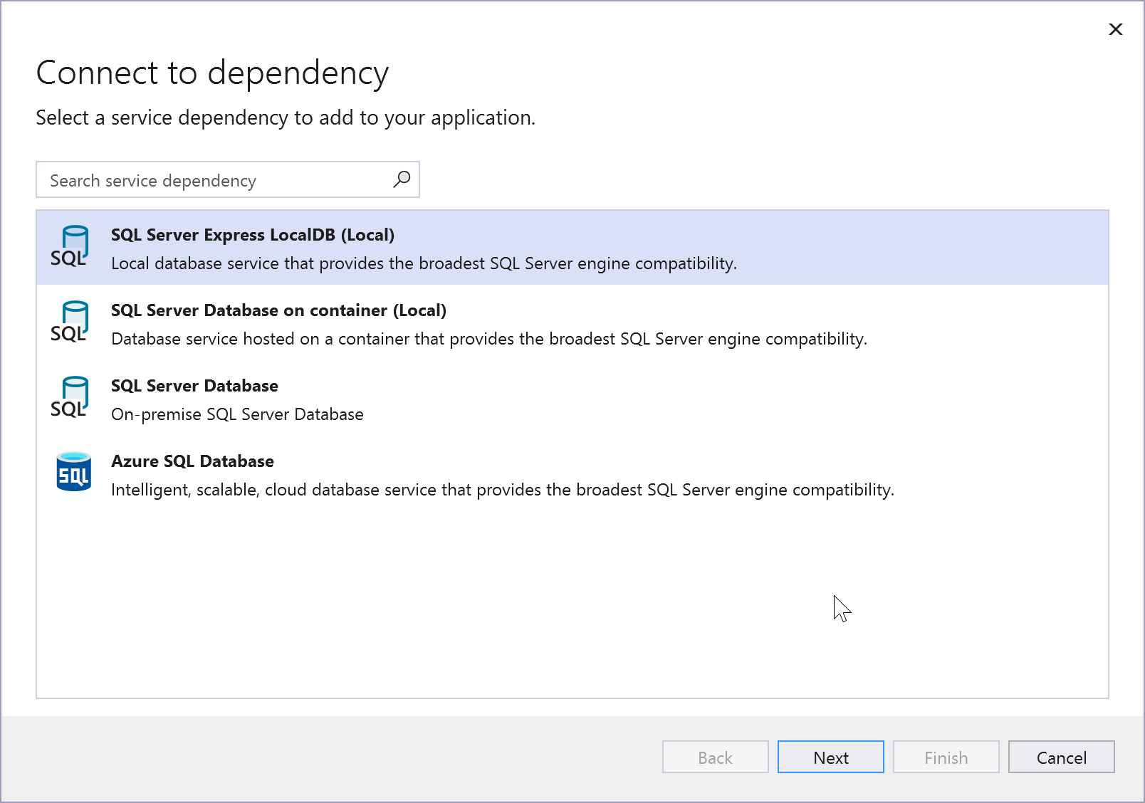 Screenshot che mostra database SQL scelte.