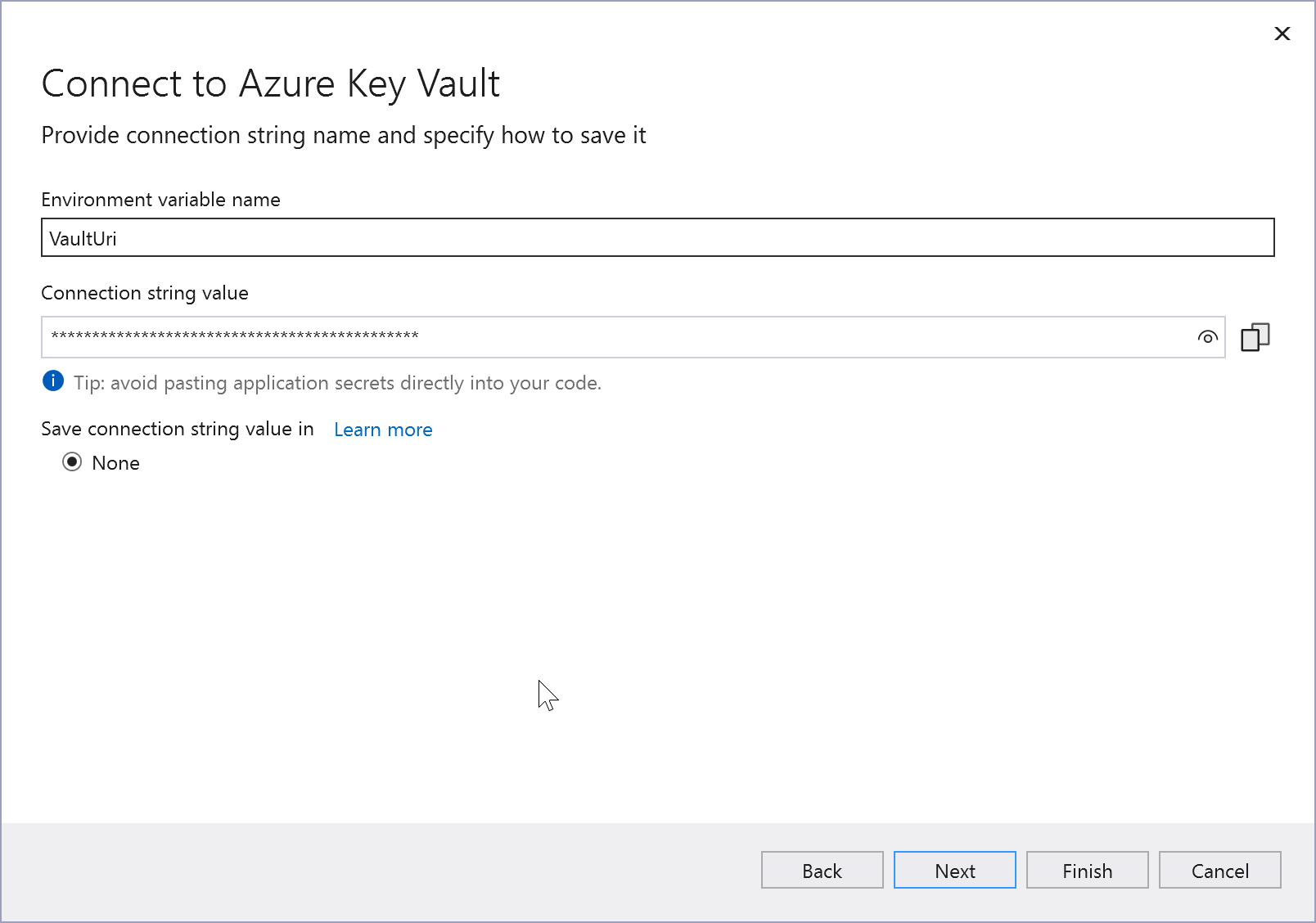 Screenshot della schermata Connetti ad Azure Key Vault.