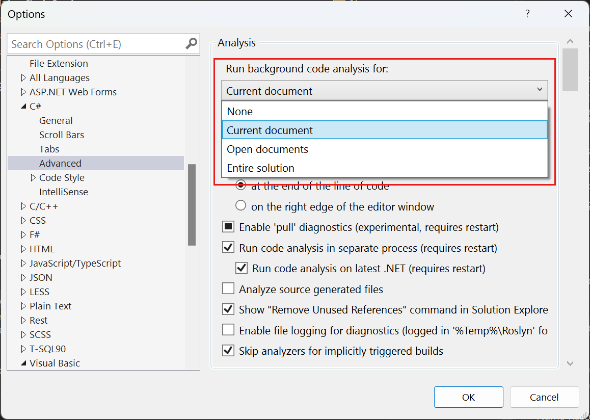 Screenshot che mostra le opzioni dell'ambito di analisi del codice in background in Visual Studio.