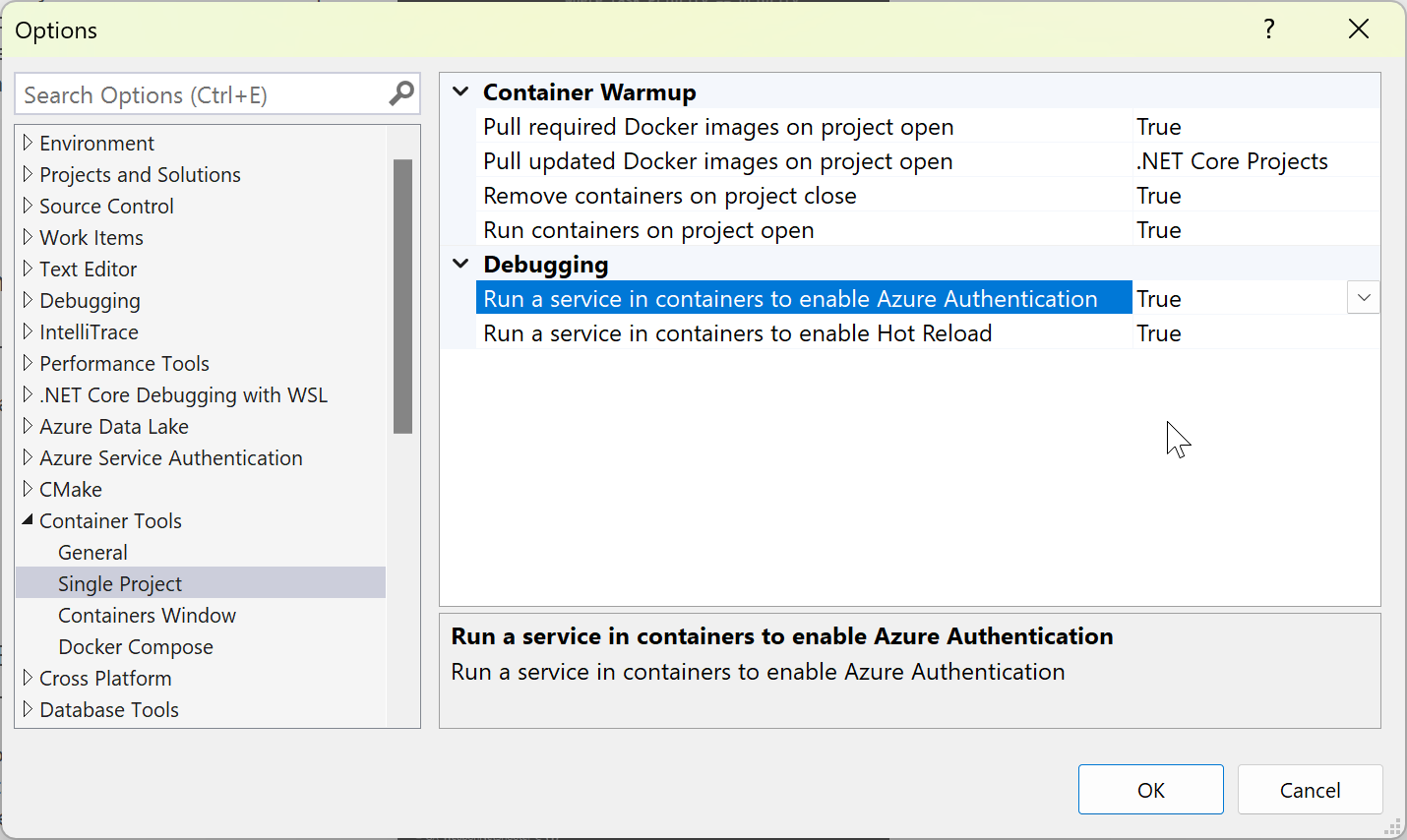 Opzioni degli strumenti contenitore di Visual Studio, che illustrano: Terminare i contenitori alla chiusura del progetto, Eseguire le immagini Docker necessarie in un progetto aperto, Eseguire un servizio nei contenitori per abilitare l'autenticazione di Azure ed Eseguire un servizio nei contenitori per abilitare Ricaricamento rapido.