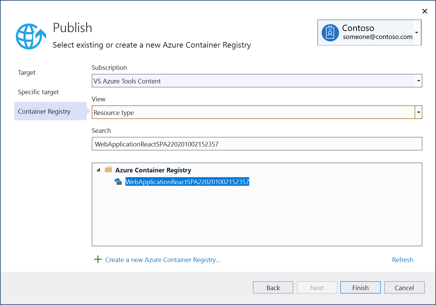 Screenshot che mostra La selezione o la creazione di un nuovo registro Azure Container.