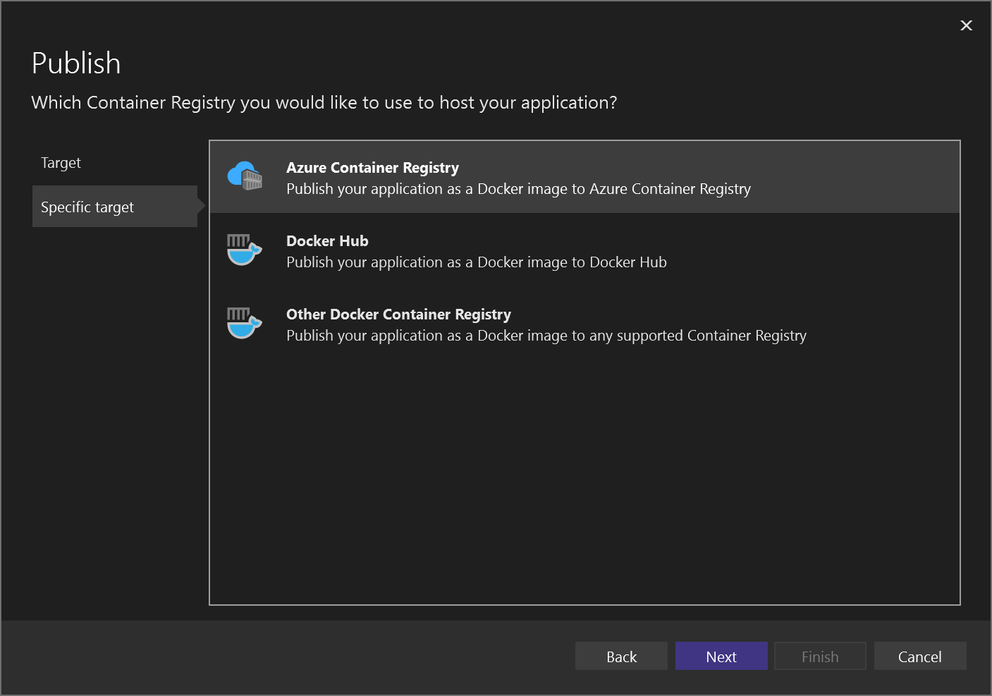 Screenshot che mostra Scegliere Registro Azure Container.