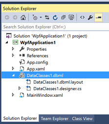 Screenshot che mostra le classi LINQ to SQL in Esplora Soluzioni.