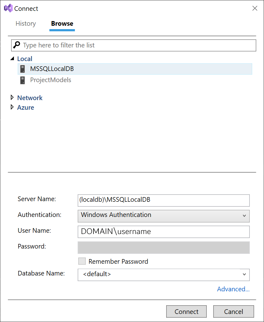 Screenshot della finestra di dialogo Connetti a database SQL