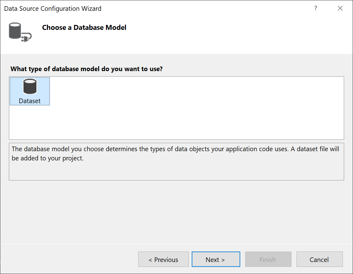 Screenshot che mostra la scelta di DataSet come modello di database.