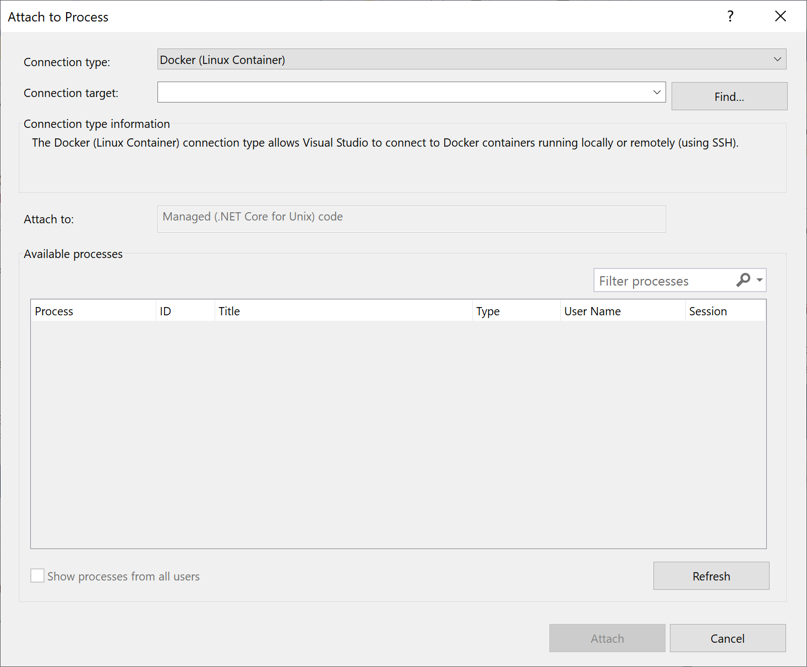 Screenshot della finestra di dialogo Connetti a processo in Visual Studio che mostra un tipo di connessione di Docker (contenitore Linux).