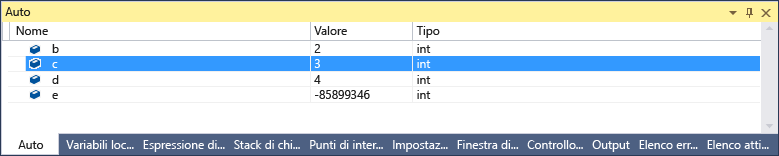 Screenshot della finestra Auto con la riga evidenziata che mostra int c con il valore 3.