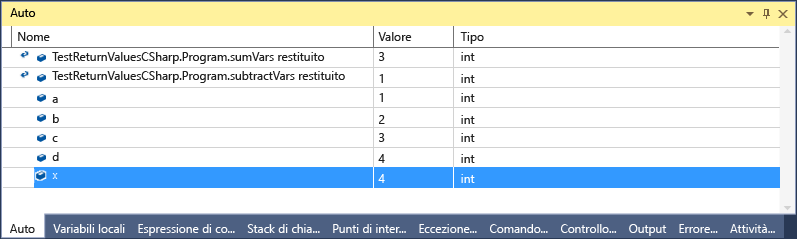 Screenshot del valore restituito auto C#.