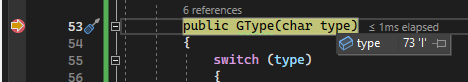 Screenshot del debugger di Visual Studio con una riga di codice in giallo e una finestra con il valore della variabile di tipo 73 I.