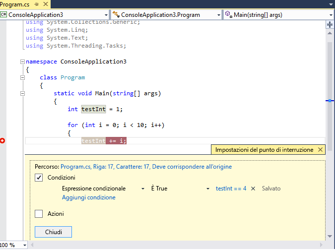 La condizione del punto di interruzione è true