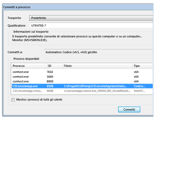 Attach to Process dialog box