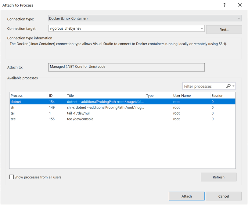 Screenshot della finestra di dialogo Connetti a processo in Visual Studio. Il tipo di connessione è impostato su Docker (contenitore Linux) e viene selezionato il processo dotnet.