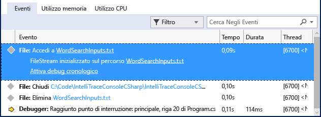 Screenshot of the Events tab in the Visual Studio Diagnostic Tools window. An event is selected and expanded to show it's details.