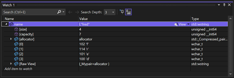 Screenshot che mostra la finestra Osserva che mostra i valori per la variabile del nome in Visual Studio.