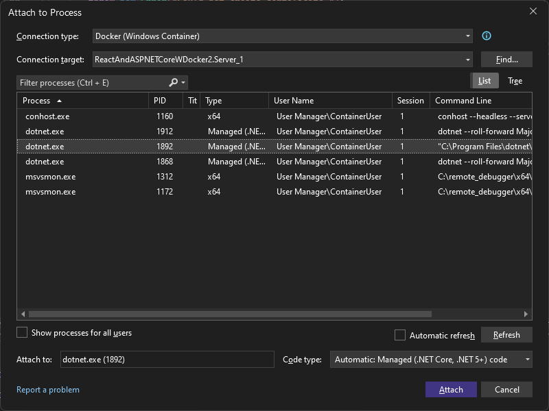 Screenshot della finestra di dialogo Connetti a processo in Visual Studio. Il tipo di connessione è impostato su Docker (contenitore Windows) e viene selezionato il processo di dotnet.exe.