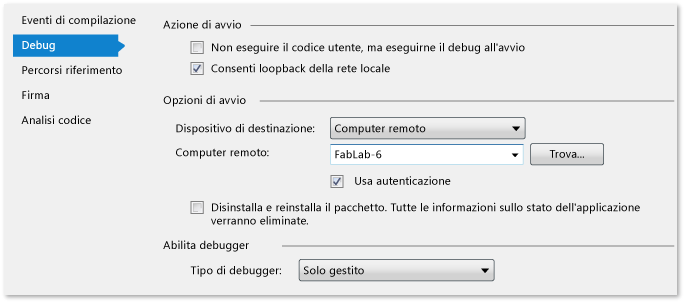 Proprietà del progetto gestito per il debug remoto