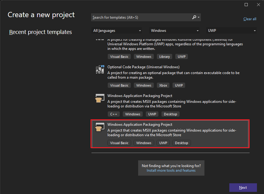 Screenshot that shows selecting Windows Application Packaging Project.