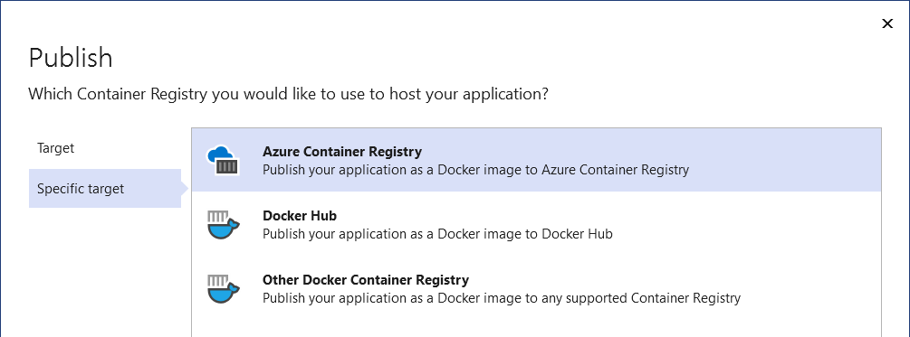 Screenshot che mostra le opzioni pubblica in Registro Contenitori Docker.