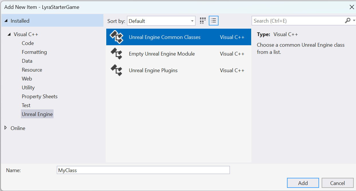 Screenshot della finestra di dialogo Aggiungi nuovo elemento con l'opzione Classi comuni del motore Unreal selezionata.