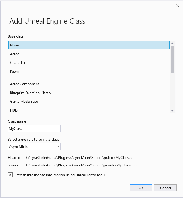 Screenshot della finestra di dialogo Aggiungi nuova classe unreal Engine.