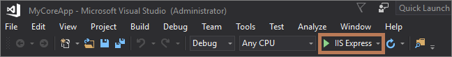 Screenshot mostra il pulsante I S Express evidenziato nella barra degli strumenti in Visual Studio.