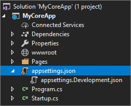 Screenshot mostra appsettings dot j son selezionato ed espanso in Esplora soluzioni in Visual Studio.