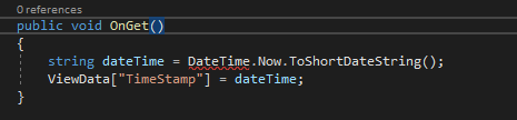 Screenshot mostra un segno di errore, sotto forma di sottolineatura ondulata, per DateTime nell'editor di codice di Visual Studio.