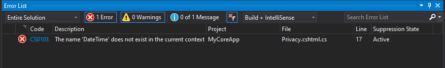 Screenshot mostra la barra degli strumenti Elenco errori in Visual Studio con DateTime elencato.